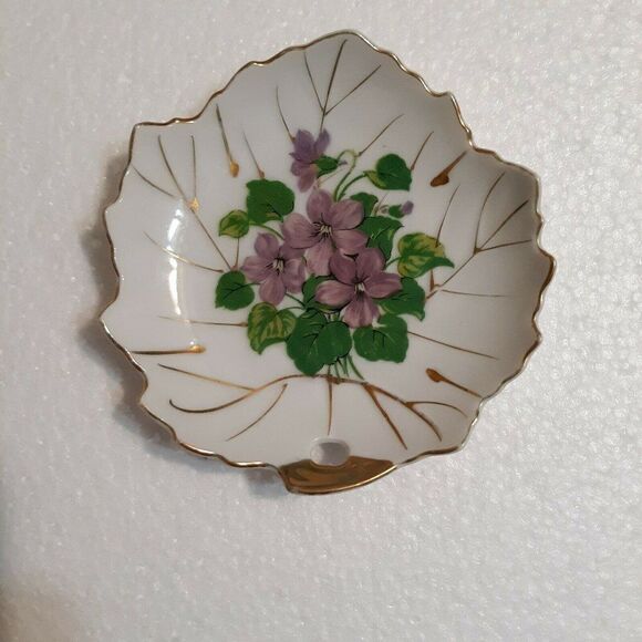 Nasco Purple Violet China Leaf Dish Tea Bag Trinket Gold Gilding Japan 5" - Picture 2 of 6